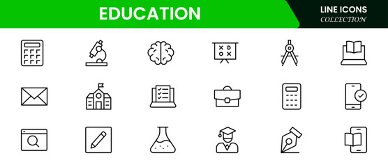 Engaging vector web line icons depicting education, learning tools, books, digital classrooms, and academic growth for knowledge advancement.