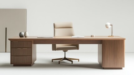 Elegant minimalistic workspace featuring a wooden desk, comfortable chair, and clean lines, with neutral tones and simple decor elements