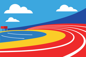 Colorful illustration of a running track stadium with stands, a water feature, and a clear sky.