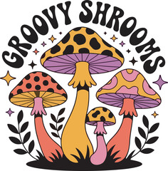 Groovy Shrooms Retro Mushrooms Orange Pink Purple Black