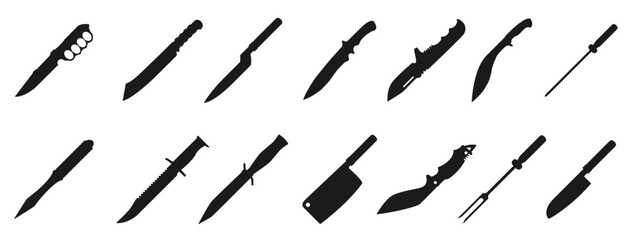 Set of knife, machete, dagger in a flat design. Knives or combat weapon blades. Colorful combat knives or daggers Vector