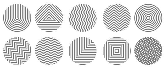 Set of monochrome geometric textures in circles shapes