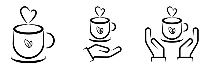 A collection of three minimalist black and white vector icons depicting a steaming hot cup of tea.