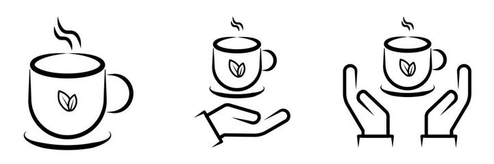 A collection of three minimalist black and white vector icons depicting a steaming hot cup of tea.