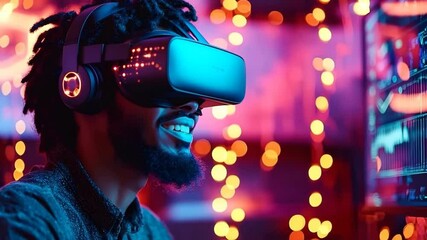 Musician composing music in a virtual studio with glowing digital instruments - Powered by Adobe