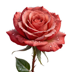 Red rose with dewdrops – realistic botanical PNG clipart, close-up on transparent background