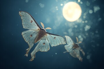 Elegant Lunar Moths Gliding Gracefully Through a Starry Nocturnal Sky Toward a Radiant Full Moon Surrounded by Dreamlike Glimmering Particles in a Mystical Atmosphere