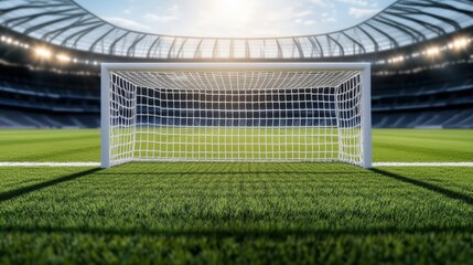 Obraz premium A bright, empty soccer stadium with a focus on the goalpost and net under a partly cloudy sky.