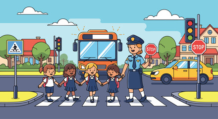Adobe illustrator artwork vector illustration of a kind police officer helping a group of diverse children safely cross the street at a zebra crossing near a school bus