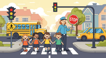 Adobe illustrator artwork vector illustration of a kind police officer helping a group of diverse children safely cross the street at a zebra crossing near a school bus