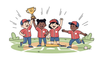 Adobe illustrator artwork vector illustration of a diverse youth baseball team celebrating their triumph with a trophy and baseball equipment, highlighting teamwork and sporting success