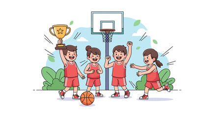 Adobe illustrator artwork vector illustration of a cheerful youth basketball team proudly celebrating their victory with a shiny trophy and a basketball, emphasizing teamwork and achievement