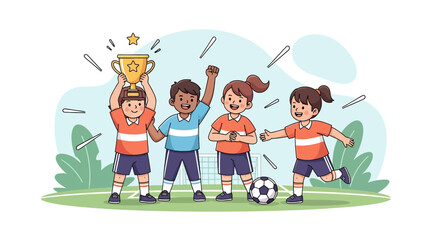 Adobe illustrator artwork vector illustration of a cheerful youth soccer team proudly celebrating their victory with a shiny trophy and a soccer ball, emphasizing teamwork and achievement