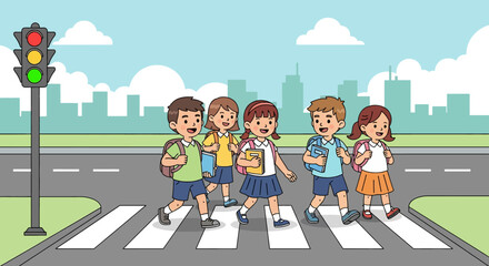 Adobe illustrator artwork vector illustration of cheerful school kids with backpacks crossing a street at a pedestrian crossing, indicating their journey to school