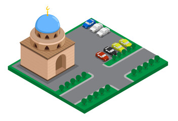Car park near the city mosque building. Gathering of local residents for regular evening prayers at a local Muslim temple. Aerial view 3D vector isolated on white background