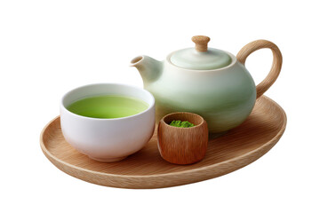 Traditional tea set with teapot, cup of green tea, and small container of matcha powder on wooden tray, evoking calm and relaxing atmosphere