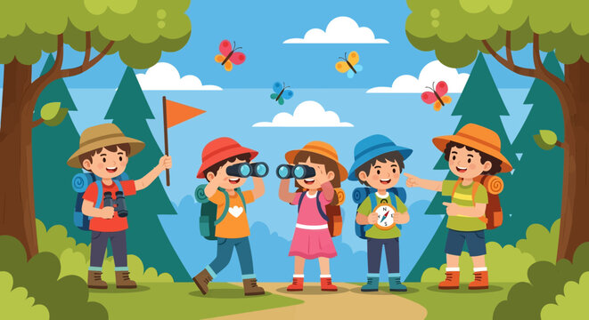 Adobe illustrator artwork vector illustration of a diverse group of kids embarking on an exciting outdoor adventure, exploring a forest with maps and binoculars