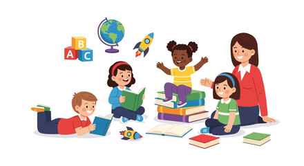 Adobe illustrator artwork vector illustration of a teacher reading with a group of diverse children surrounded by books, fostering a love for learning and reading
