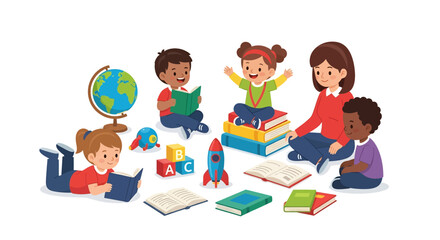 Adobe illustrator artwork vector illustration of a teacher reading with a group of diverse children surrounded by books, fostering a love for learning and reading