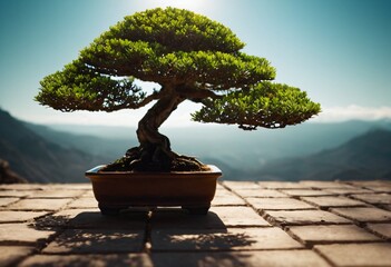 Bonsai Serenity: A majestic bonsai tree, meticulously shaped and cultivated, sits in a stone planter against a backdrop of tranquil mountains, bathed in warm sunlight. Ai generated image