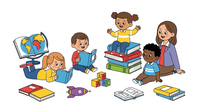 Adobe illustrator artwork vector illustration of a teacher reading with a group of diverse children surrounded by books, fostering a love for learning and reading