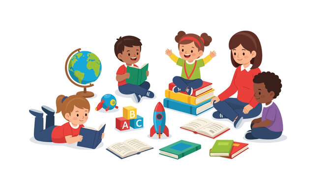 Adobe illustrator artwork vector illustration of a teacher reading with a group of diverse children surrounded by books, fostering a love for learning and reading