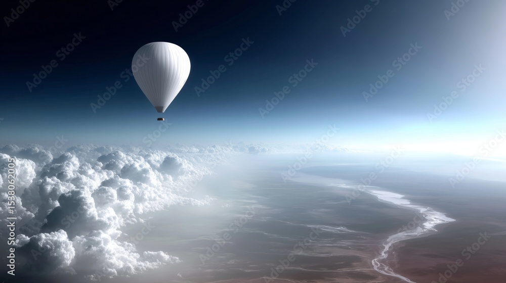 Aufkleber A high-altitude balloon equipped with sensors is collecting climate data, floating above a vast cloud layer with a serene landscape visible below. This setup aids in weather monitoring and research.