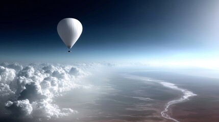 A high-altitude balloon equipped with sensors is collecting climate data, floating above a vast cloud layer with a serene landscape visible below. This setup aids in weather monitoring and research.