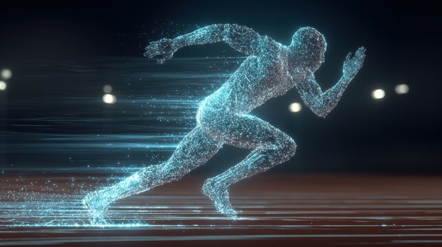Digital Rendering of a Runner Composed of Particles Sprinting on a Track - Powered by Adobe