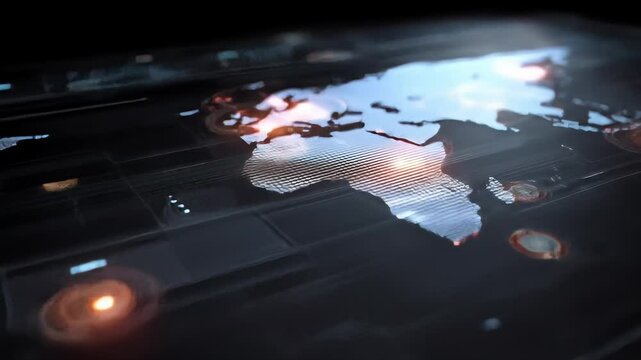 Abstract Digital World Map Displaying Global Data Network Connectivity on a Dark Background Featuring Futuristic Technology and International Communication