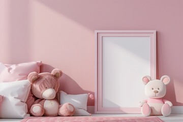 Empty wooden frame for mockup in baby room. Pink baby room