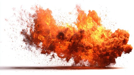 Intense fiery explosion with vibrant orange flames and billowing smoke against a white background