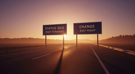 Sunrise over highway with signs indicating "Status Quo - Keep Straight" and "Change - Exit Right", symbolizing life choices and directions