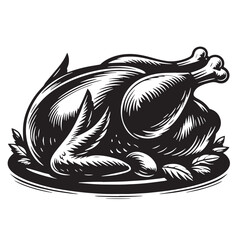 Black Roast Chicken Silhouette Vector, High Quality Illustration on White Background
