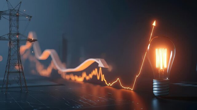 Abstract Electricity Grid with Rising Graph and Glowing Lightbulb on Dark Background