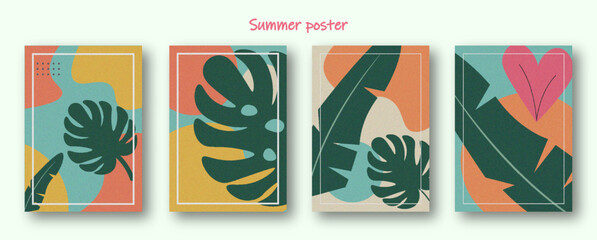 summer themed minimalist vector poster sets with abstract tropical leaves. Modern art and minimalist style design templates for celebration, ads, branding, banner, cover, label, poster, sales
