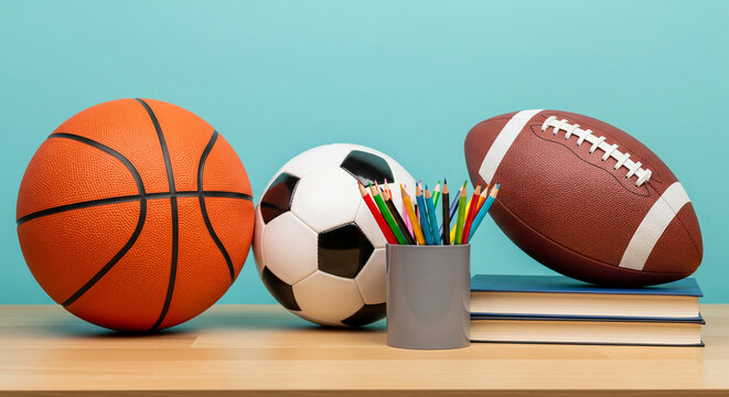 Basketball, soccer ball, and American football arranged with colored pencils and books on wooden surface against light-blue background, symbolizing sports, education, and recreation