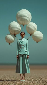 Woman with Lanterns, Beach, and Sky.