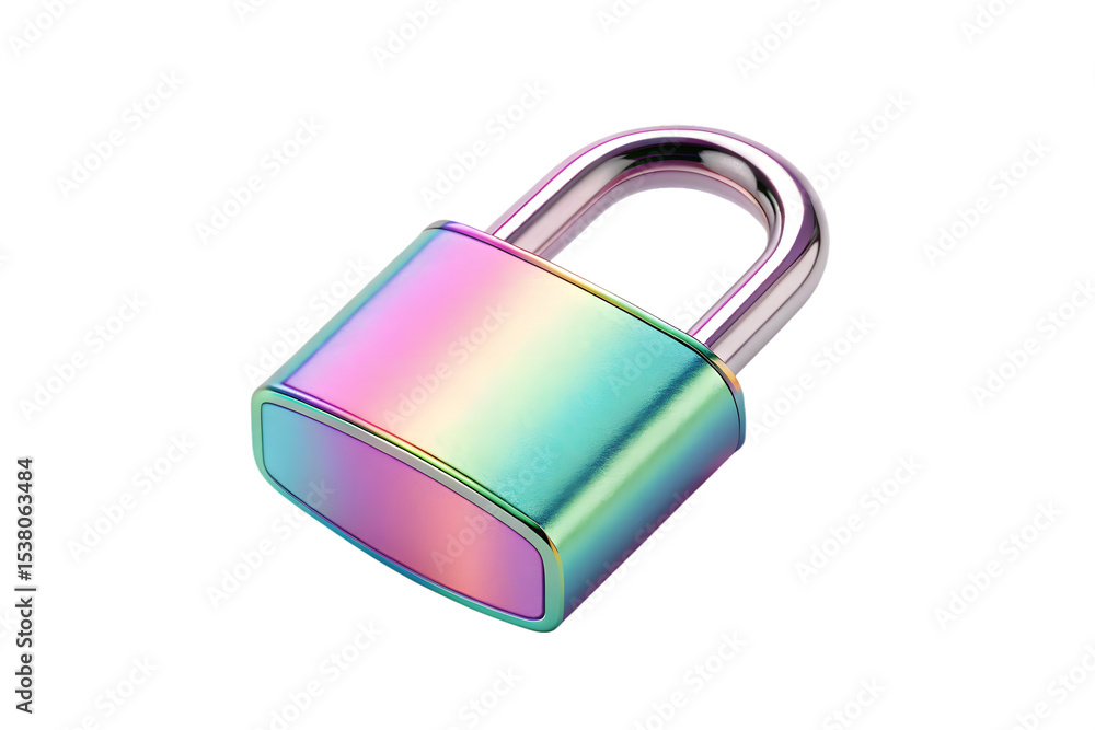 Poster iridescent padlock security concept with metallic finish on transparent background