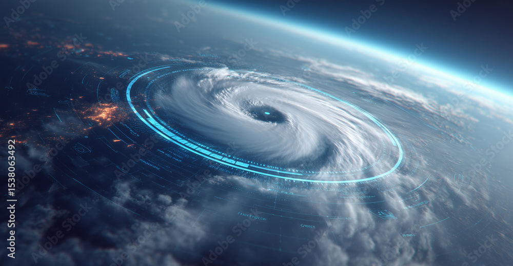 Poster A powerful cyclone forms over the ocean, captured by a satellite probe equipped with sensors for climate monitoring. The storm showcases intense weather patterns and swirling clouds.