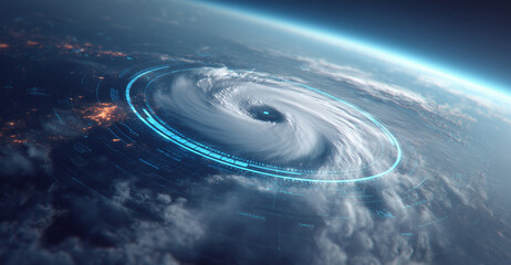 A powerful cyclone forms over the ocean, captured by a satellite probe equipped with sensors for climate monitoring. The storm showcases intense weather patterns and swirling clouds.