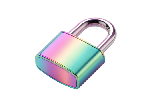 Iridescent Padlock Security Concept with Metallic Finish on Transparent Background