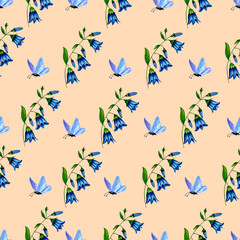 Watercolor summer flower. Bells and butterflies seamless pattern, floral on a peach background template. Modern pattern