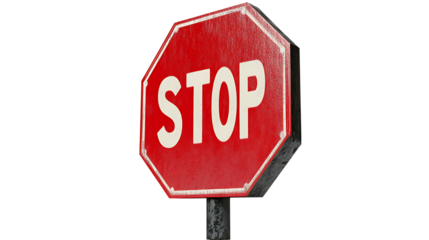 Bright red octagonal stop sign isolated on transparent background
