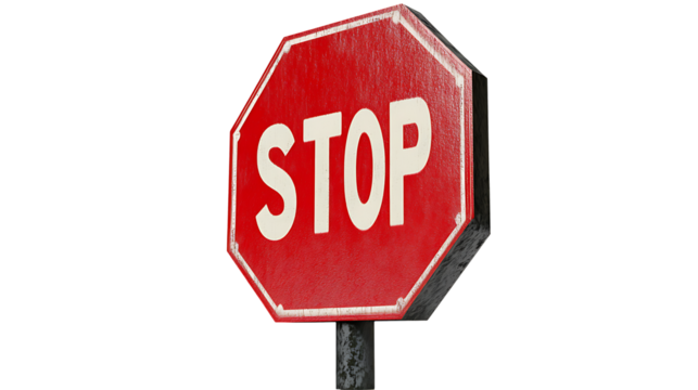 Bright red octagonal stop sign isolated on transparent background