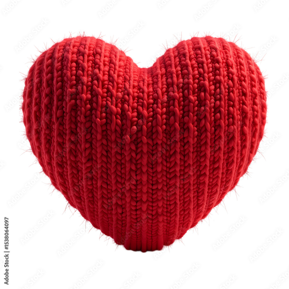 Poster a close up of a red knitted heart view isolated on transparent background