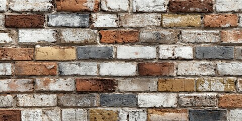 A textured close-up shot reveals a weathered brick wall, showcasing a blend of aged, multicolored bricks in varying shades of red, brown, gray, and white.  