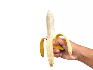 Asian man hand holding a fresh banana peeled on white background 