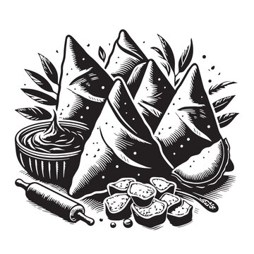 black and white samosas with dipping sauce clip art preview