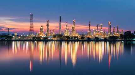Industrial oil refinery complex at dusk with water reflections
